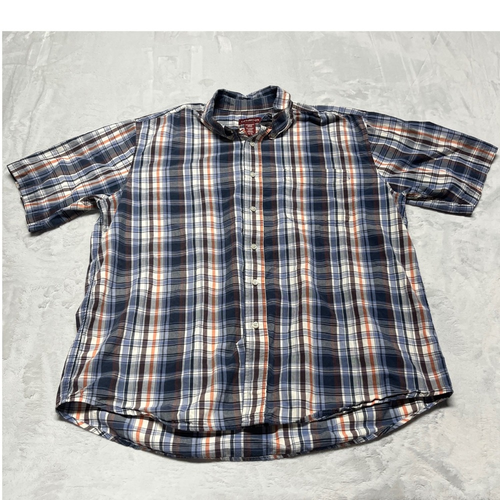 Covington Mens Button Up Shirt XL Blue Orange Plaid Short Sleeve Cotton
